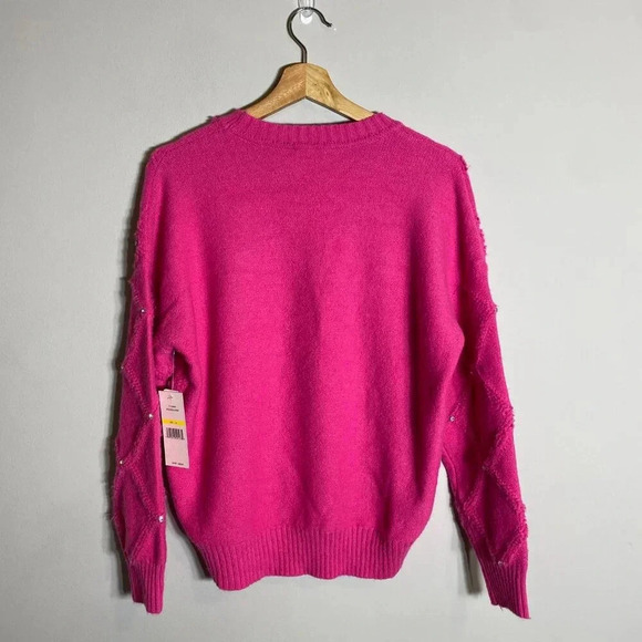 NWT Nanette Lepore Bedazzled Cable Knit Crewneck Pullover Sweater Women's M Pink - Picture 4 of 14